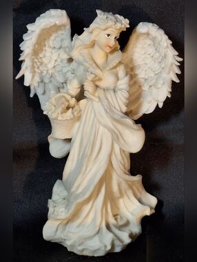 Ivory Angel Figurine with Basket - Decorative Resin Sculpture